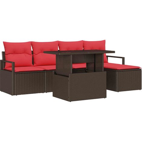 Garden Sofa Set with Storage 6 pcs Brown and Red Poly Rattan vidaXL