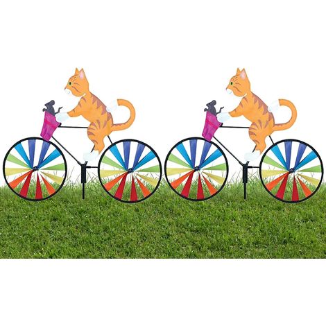 Lot de 2 moulins à vent 3D résistants aux intempéries - Vélo animal - Carillon éolien pour chien et chat - Pour l'extérieur, la cour, la pelouse, l'arc-en-ciel (chat jaune)