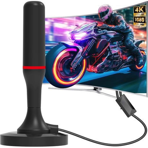 Antenne TV Intérieure TNT HD Réception Longue Portée 360° Base Magnétique Amplificateur Gain Élevé Compatible 4K 1080P DAB/VHF/UHF 3m Koaxialkabel (1/5)