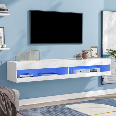MEUBLIV meuble TV 140x40x30,5 cm blanc – LED intégrée et rangement mural (1/5)