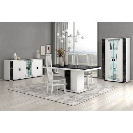 Altobuy – Séjour complet salle à manger 6 places – Table repas 160x90cm – Buffet 190x47cm – Vitrine 110x41cm – Éclairage LED intégré