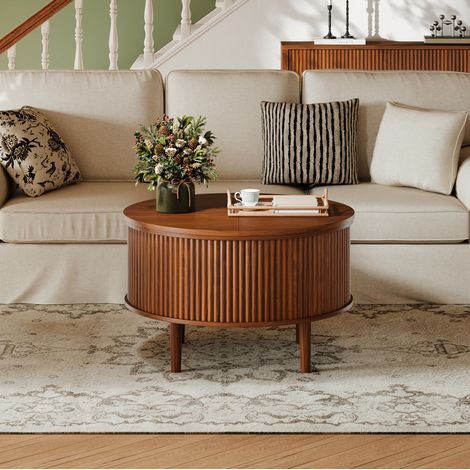 Table basse ronde à plateau relevable double face avec rangement 80 x 80 x 50 cm marron OKWISH (1/5)