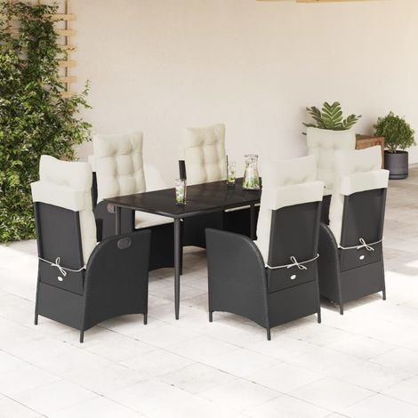 Ensemble de jardin à manger 7pcs Noir - Table 160x80 cm + 6 Chaises inclinables en résine tressée, coussins crème amovibles (1/5)