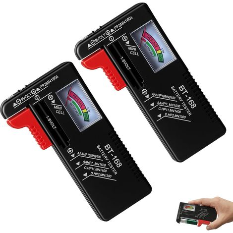 2er-Pack BT-168 Universal-Batterietester für AA-, AAA-, CD-, 9V- und 1,5V-Knopfzellenbatterien – Kompakter analoger Batterietester für Standard- und Akkubatterien – Einfache Batteriestatusanzeige