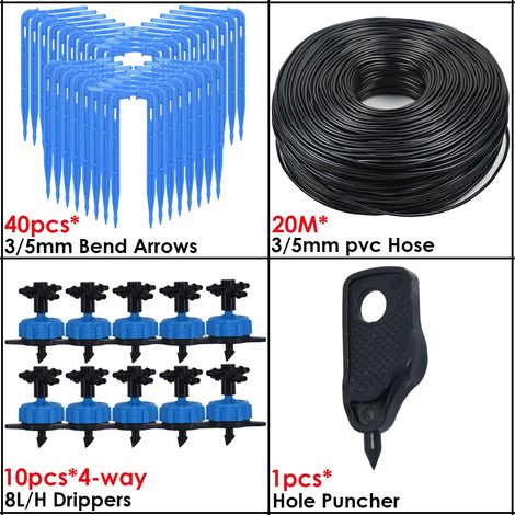 (KSL01-KIT029-8L-4WAY) Système d'irrigation goutte à goutte pour serre, 4 voies, 3/5 mm, 2 voies, avec émetteur fléché. Système d'arrosage automatique pour plantes en pot. (1/4)