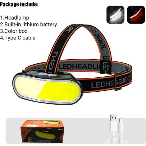 (Mise à niveau) Lampe frontale LED COB KX-310, projecteur, lampe torche rechargeable USB, étanche, idéale pour le camping, la randonnée, la pêche et la chasse. (1/5)