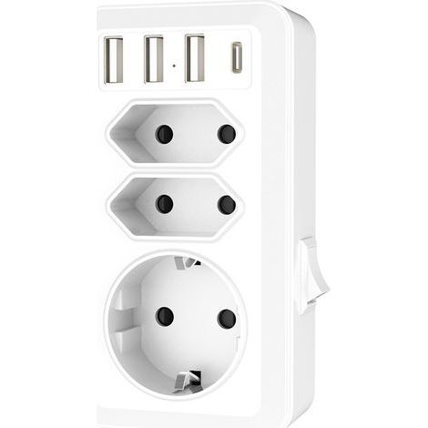 Prise USB, Prise Multiple 7 en 1 avec 3 USB et 1 Port Type-C, Adaptateur de Prise multiprises 3 Voies avec Chargeur USB (2 Prises Euro et 1 Schuko) pour téléphone, Ordinateur. (1/5)