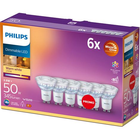 Philips – Ampoule LED GU10 50W dimmable WarmGlow – Lumière blanche chaude 2700K – Lot de 6 – 345 lm – Éclairage d'accentuation moderne (1/10)