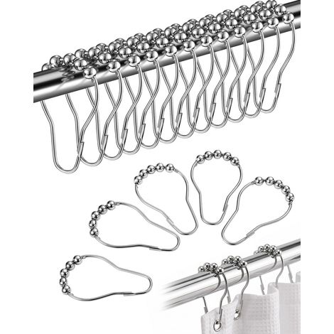 Anneaux Rideaux Lot de 12 – Crochets Argent à Billes de Glissement – Fixation Sécurisée Anti-Retrait – pour Anneau Rideau Douche (1/5)