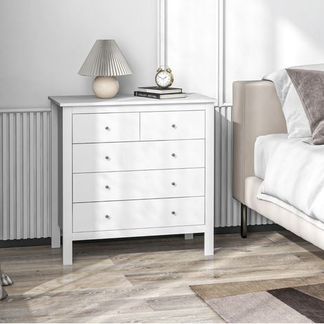 Credenza in legno bianco 79x39,5x80,5 cm con 5 cassetti, apertura silenziosa e piedini rialzati (1/4)