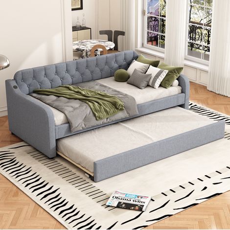Letto con letto estraibile 90/180x200 cm con porta USB e rete a doghe, in lino grigio, materasso non incluso (1/5)