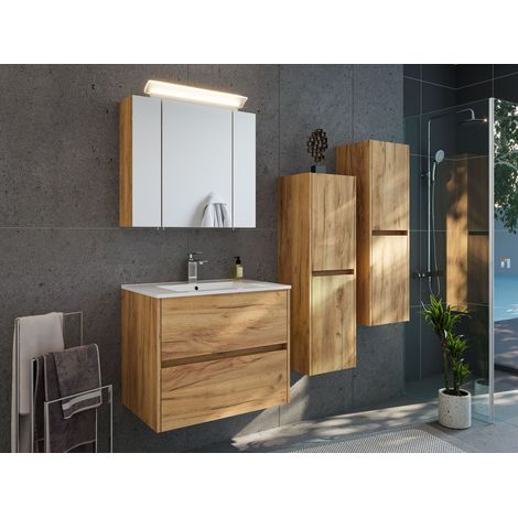 Badmöbelset Taifun 70cm 4tlg mit Spiegelschrank und 2x Seitenschrank eiche gold
