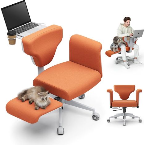 Fauteuil Criss Cross à Roulettes – Chaise Bureau avec Position Jambes Croisées, Plateau Rétractable, Tissu Imperméable et Accoudoirs. Siège Reclinable Idéal pour Domicile & Chambre (Orange) (1/5)