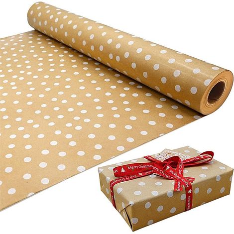 Rouleau de 15 m de papier cadeau kraft blanc à pois, 100 % recyclable, idéal pour les anniversaires, les fêtes et les décorations de Noël (15 m x 43 cm). (1/5)