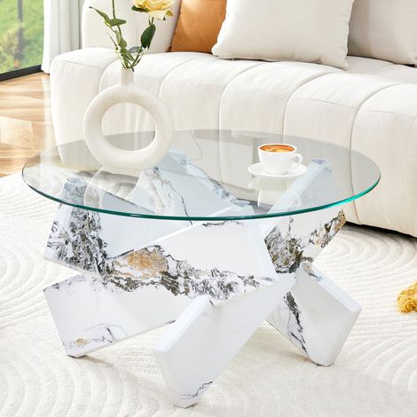 Table basse ronde - - Verre trempé - Imitation marbre blanc - Design croisé (1/5)