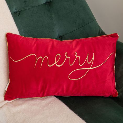 49cm Red Merry Christmas Cushion with Gold Lettering & Trim (1/5)