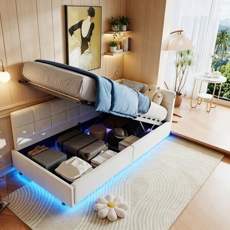 JOOKGBD–Divano Letto Imbottito 90x200 cm,Letto a Contenitore,Contenitore Idraulico,Illuminazione LED,Porta USB,Type-C,Rete a Doghe,Letto per Bambini,Velluto,Beige