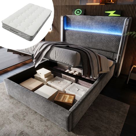 Letto idraulico moderno con testiera alta, singolo 90x200 cm con illuminazione a LED, vano contenitore e porte USB/Type-C, in grigio effetto lino (materasso incluso). (1/5)