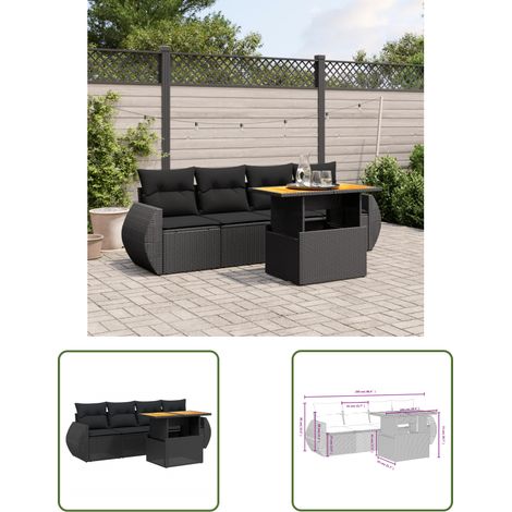 The Living Store 5-tlg. Garten-Sofagarnitur mit Kissen Schwarz Poly Rattan - Gartensorte - Gartenmöbelset - PE-Rattan Möbel - Outdoor Lounge Set - Balkonmöbel (1/3)