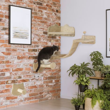 Wandmontierter Katzenkratzbaum mit 2 Sisalstämmen, Doppelplattform mit weicher Leiter und 1 Sprungplattform, Beige