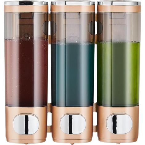 Distributeur de Savon Mural, Distributeur de Shampoing et Après-shampoing Manuel, Distributeur Gel Douche, sans Perçage, Anti-Fuite pour Salle de Bain Cuisine Hôtel Restaurant, 300ML3 Or (1/3)