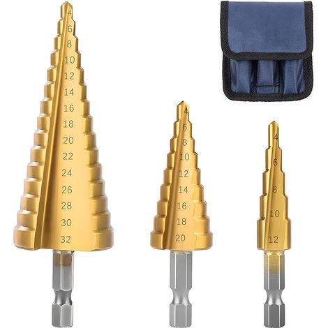 3-teiliges Stufenbohrer-Set, HSS-Titan-Stufenbohrer, konisch-dreieckig, mit Sechskantschaft zum Bohren in Stahl, Messing, Holz und Kunststoff, 4–12/20/32 mm