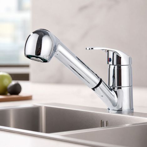 Robinet de cuisine en cuivre extensible avec douchette, mitigeur chromé rotatif 360° à deux jets, hauteur 17,5 cm (1/5)