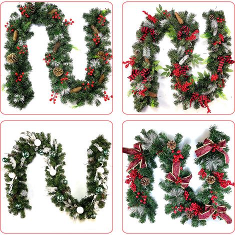 9 Fuß lange Weihnachtsgirlande, künstliche, flexible PVC-Girlande zum Aufhängen mit Schleife für Treppen, Geländer, Kamin, Veranda, Tür, Baum, Weihnachtsfeierzubehör.