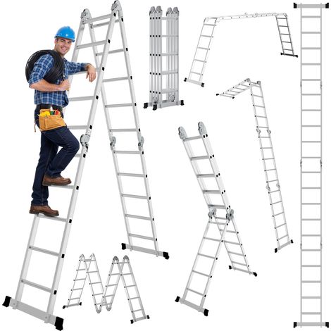Jiubiaz Escalera articulada multiusos 7 en 1 de aluminio, 4x5 peldaños, aprox. 582 cm / 5,8 m, plegable, antideslizante, carga máxima 150 kg (1/5)