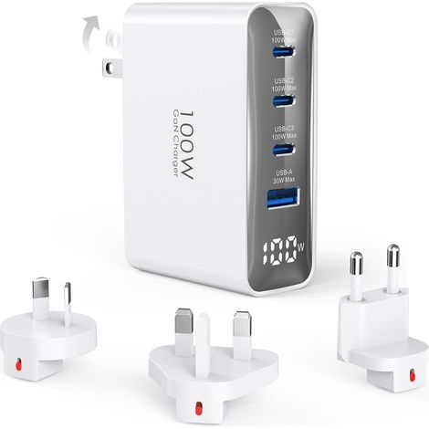 Chargeur Voyage USB C 100W, 4 Ports Adaptateur avec Prises UK/EU/AU Chargeur Rapide avec indicateur LED pour 17/16/15 Pro Max, pour S25/S24/S23, Blanc (1/5)