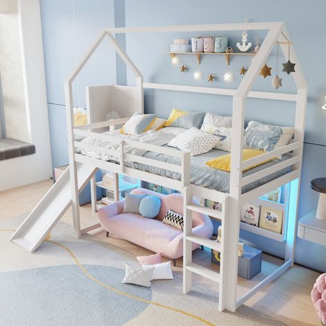 Lit mezzanine 90x200 cm - avec éclairage LED - avec étagère - avec barrière de sécurité - blanc (matelas non inclus) (1/5)