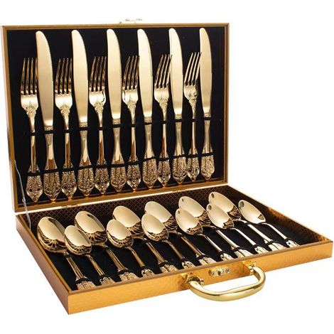 Service de table 24 pièces (doré), coffret en bois, couverts, cuillères, acier inoxydable 304 (1/2)