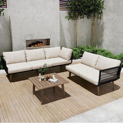 Set da giardino in Olefin, 1 divano + 1 tavolino, beige/nero, struttura resistente con piano effetto legno (1/5)