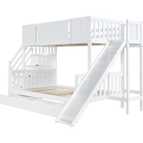 Lit superposé pour enfant avec fenêtre, toboggan pour enfant, tiroirs à roulettes, escalier avec main courante, 4 compartiments de rangement dans l’escalier, design polyvalent, grand espace de rangeme (1/5)