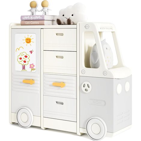 GOPLUS Meuble Rangement Enfant en Forme de Voiture, Organisateur de Jouets Livres avec 4 Tiroirs, Armoires Fermées, Tableau de Dessin, Étagère Enfant en HDPE pour Salle de Jeux, Crèche (1/5)