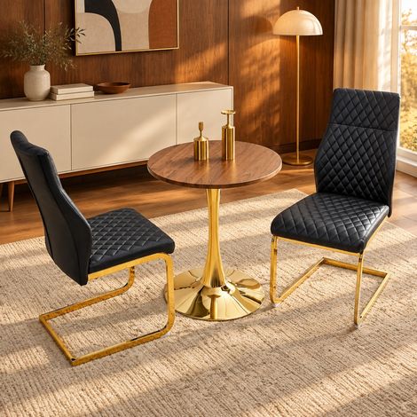 Esstisch-Set mit 2 Stühlen, runder 60-cm-MDF-Tisch in Walnussholzoptik, schwarze Stühle (1/5)