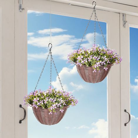 Purple Floral Hanging Baskets with 150 Flowers and 75 Leaves for Home or Office Decor, Maintenance-Free and Stylish (1/5)