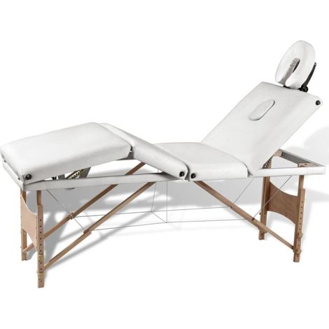 Massageliege Klappbar 4-Zonen mit Holzgestell Cremeweiß
