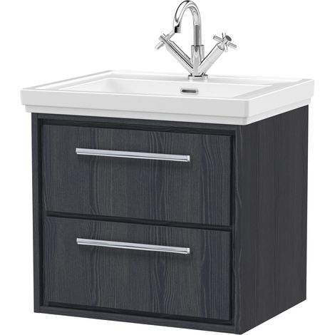 Longnor 2 Drawer Wall Hung Vanity Unit with 1 Tap Hole Traditional Fireclay Basin, Woodgrain Graphite Grey, 600mm