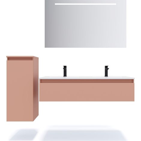 Meuble de salle de bain suspendu double vasque intégrée 120cm 1 tiroir Abricot + miroir + colonne ouverture gauche - Hudson (1/5)