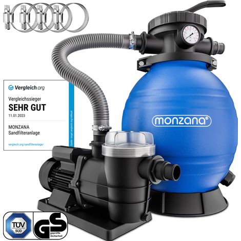 Monzana – Pompe filtre à sable 9.600 L/h – Pré-filtre XXL – Débit max. 9600 L/h – Capacité réservoir 25L – Vanne 7 voies – Pour piscine d'eau salée