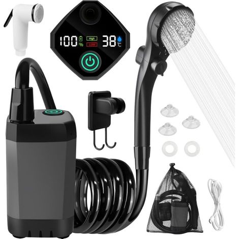 Bardusch - Kit Douche de Camping,Douche Portable avec Affichage de La TempéRature et Affichage de La Puissance,6000mAh Rechargeable,Pommeau RéGlable,pour ExtéRieure,Camping,RandonnéE,Animaux Domestiqu (1/5)