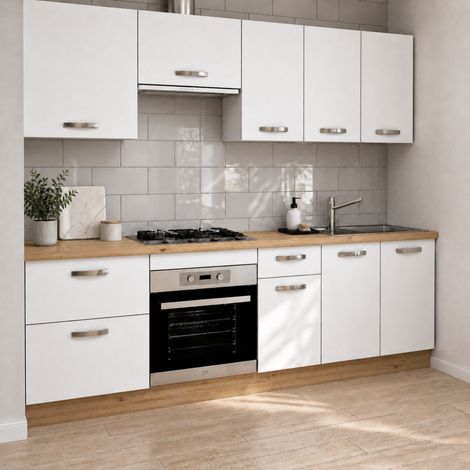 Cocina completa KIT-KIT GAVI de 240 cm color blanco, con zocalo y encimera en roble albar.