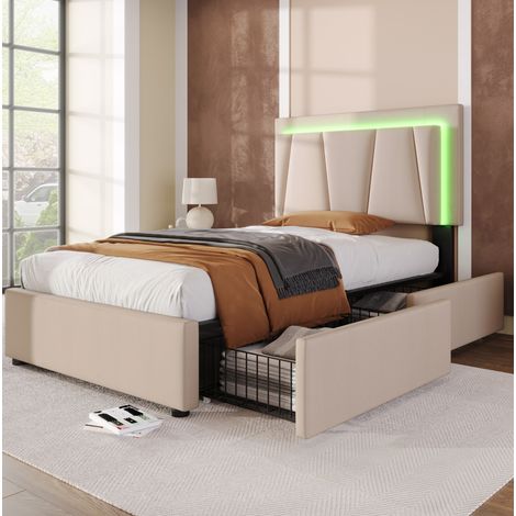 Lit rembourré 90x200 cm beige avec LED, tête de lit réglable et 2 tiroirs, structure bois/métal (1/5)