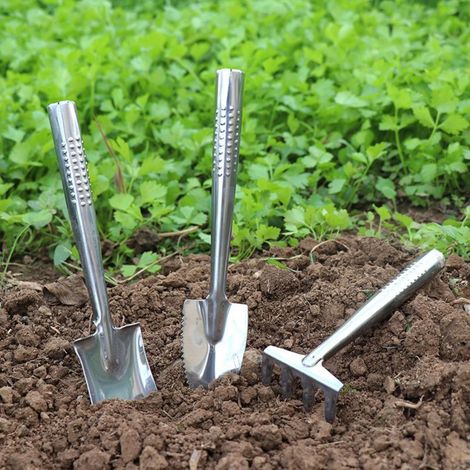 Ensemble de 3 outils de jardinage miniatures en acier inoxydable : transplantoir, fourche à désherber et truelle pour espaces restreints (1/5)
