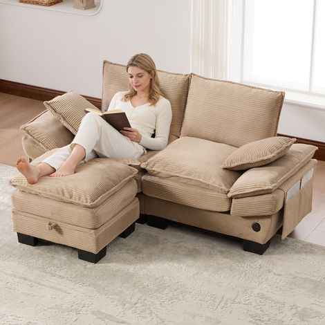 Canapé modulaire 2 places avec tabouret en velours côtelé,siège large,mousse haute densité,port USB-C et poches latérales,kaki. (1/5)