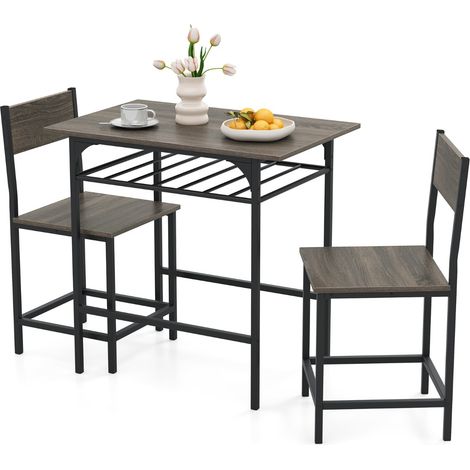 Set da 3 pezzi di tavolo e sedie con struttura in metallo e ripiano di stoccaggio, Set da pranzo per piccoli spazi Grigio (1/4)