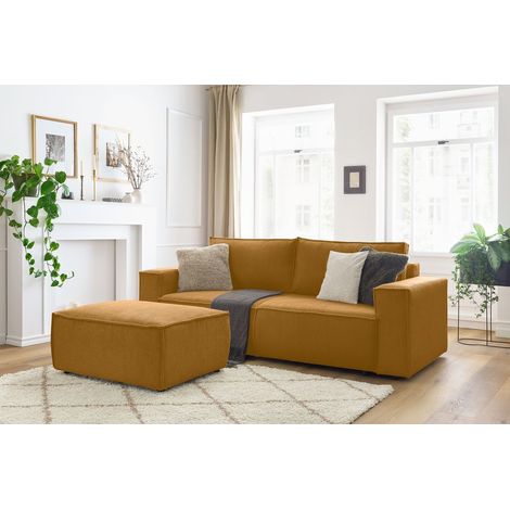 BOBOCHIC - Canapé droit convertible coffre NIHAD velours côtelé avec pouf Jaune (1/5)