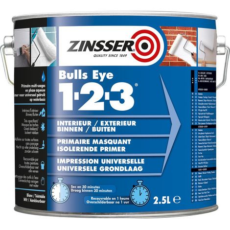 Rust-Oleum – Primaire masquant avant peinture Zinsser Bulls Eye 1-2-3 blanc 2,5L – Haute adhérence – Séchage rapide 30 minutes – Bloque taches tenaces