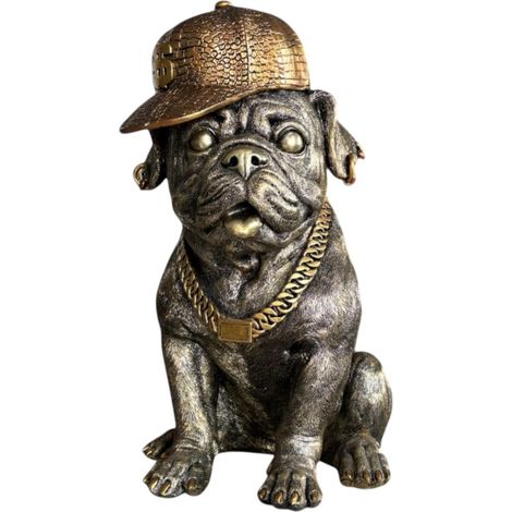 Dekofigur Mops mit Kappe & Kette 33 x 26 cm schwarz/gold